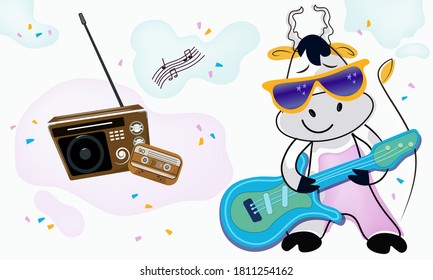 
A cute cartoon bull rocker stands next to a transistor and a cassette is holding a guitar and sings. 
Cheerful cow.
Vector isolated illustration in retro style.