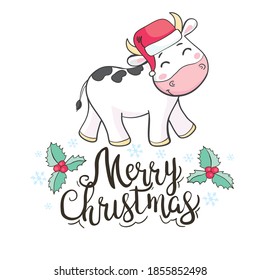 Cute cartoon bull in Santa Claus hat on white background