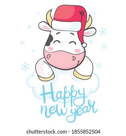 Cute cartoon bull in Santa Claus hat on white background