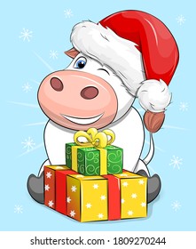 Cute cartoon bull in santa hat with gifts. Winter vector illustration of animal on the blue background.