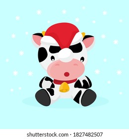 Cute Cartoon Bull in Santa Hat fell on a blue Background. Vector illustration.