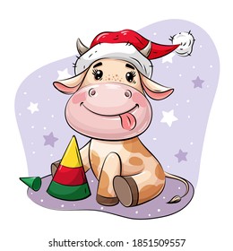 Cute Cartoon Bull in Santa hat playing with Christmas tree pyramid. Vector illustration on greeting card, holiday card, stikers, calendar.