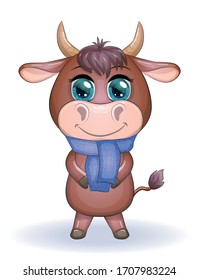 Cute cartoon bull with a scarf on his neck with beautiful blue eyes with a bouquet of flowers. Children's illustration.