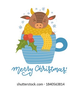 Cute Cartoon Bull is sitting in a Cup of coffee or tea. Cozy animal symbol of 2021 year. Greeting card. Vector flat hand drawn illustration.