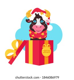 Cute Cartoon Bull is sitting in a Gift Box. 
Gift for New Year, Christmas