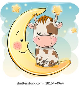 Cute Cartoon Bull is sleeping on the moon