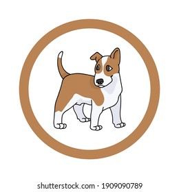 Cute cartoon Bull Terrier in circle puppy vector clipart. Pedigree kennel doggie breed for kennel club. Purebred domestic dog training for pet parlor. Illustration mascot. Isolated canine. 