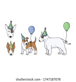 Cute cartoon bull terrier dog breed party set vector clipart. Pedigree kennel show dog lovers. Purebred domestic pooch for celebration illustration. Isolated canine puppy with snout. EPS 10