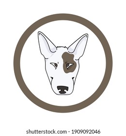 Cute cartoon Bull Terrier face in circle dog vector clipart. Pedigree kennel doggie breed for kennel club. Purebred domestic dog training for pet parlor. Illustration mascot. Isolated canine. 