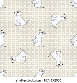 Cute cartoon Bull Terrier sitting vector clipart. Pedigree kennel dog breed for obedience training. Purebred domestic puppy for dog show illustration mascot. Isolated canine hunting breed. 