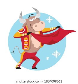 Cute cartoon bull in a toreador costume.