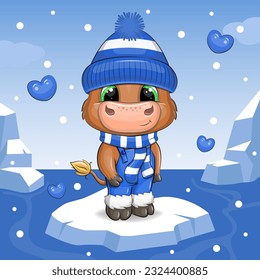 Cute cartoon bull in a warm hat and scarf on ice. Winter vector illustration of an animal on a blue background with snow and icebergs.