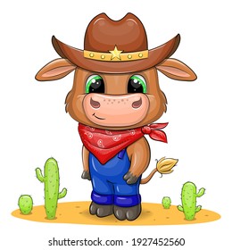 Cute cartoon bull wearing a cowboy hat and red scarf. Vector animal illustration isolated on white.