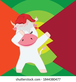 Cute cartoon bull wears Santa hat, Christmas, New years themed illustration.