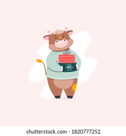 Cute cartoon Bull with xmas presents. Vector illustration. 