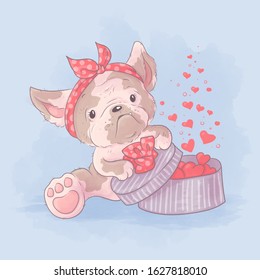 Cute cartoon bulldog girl opens a gift with hearts. Watercolor illustration