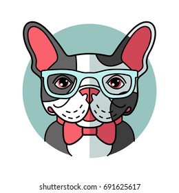 Cute cartoon bulldog in glasses. Vector illustration
