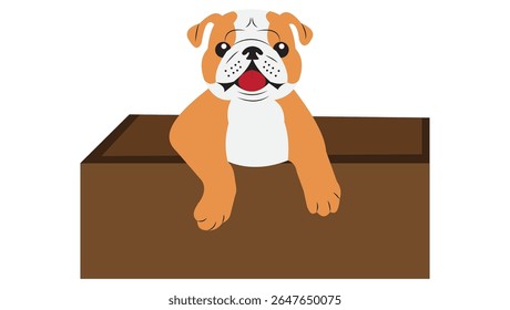 Cute cartoon bulldog peeking out of a wooden box. Adorable flat vector illustration of a dog with a playful expression, perfect for pet-related designs, children’s books, or animal-themed content.