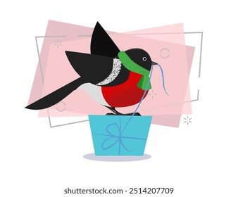 Cute cartoon bullfinch unpacking present box. Christmas gift concept. Vector illustration can be used for topics like gift delivery, retail, sale