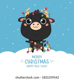 Cute cartoon bull.Happy new year cattle with a festive garland.Chinese new year 2021 symbol.Holiday animal for the design of calendars, cards, advertising.Vector illustration in flat style.