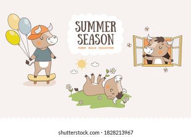Cute cartoon bulls collection. Summer season characters stickers. Hand drawn kids doodles vector illustration.