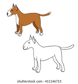 Cute cartoon bullterrier isolated on white background. Funny dog. Can be used for colouring. Vector illustration. Eps 10.