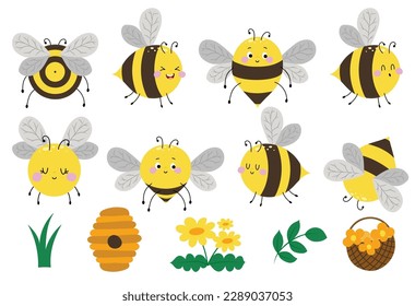 Cuta colección de abejas de burbujas de dibujos animados con flores y miel, insecto amarillo con rayas. Abejas divertidas, brotes de flores y paquetes de follaje para las colecciones de verano.