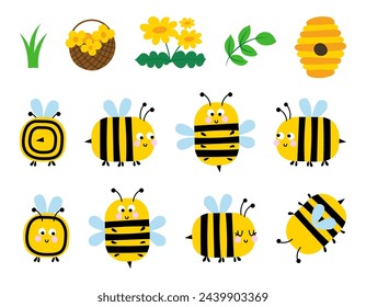 Colección de abejorros de dibujos animados lindos con flores y miel, insecto amarillo con rayas. Abejas divertidas, botones florales y paquete de follaje para colecciones de verano.