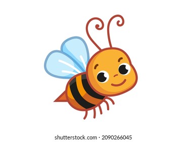 Cute cartoon bumblebee. The bee smiles. Small insect in motion. Cheerful insect. Colored flat vector illustration of a cute pet isolated on white background.