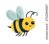 Cute cartoon bumblebee character with fluffy body and wings, adorable bee illustration, childish design, flat vector isolated on white background.