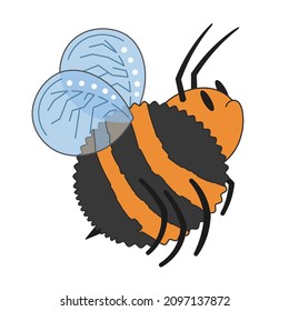 Cute cartoon bumblebee flying and looking at camera offended. A funny striped bumblebee flying away. Vector clip art illustration in 2D. Hand-drawn simple style.