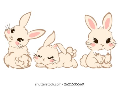 Cute Cartoon Bunnies with Bunny Ears, Vector Set of Cream Rabbits Sitting, Sleeping, and Smiling