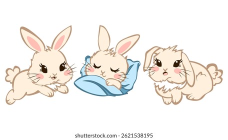 Cute Cartoon Bunnies with Bunny Ears,  Vector Set of Cream Rabbits Sleeping and Playing

