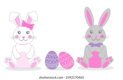Cute cartoon bunnies with colorful Easter eggs for festive spring celebrations