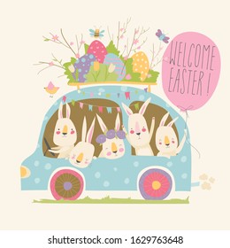 Cute cartoon bunnies driving a car with easter eggs