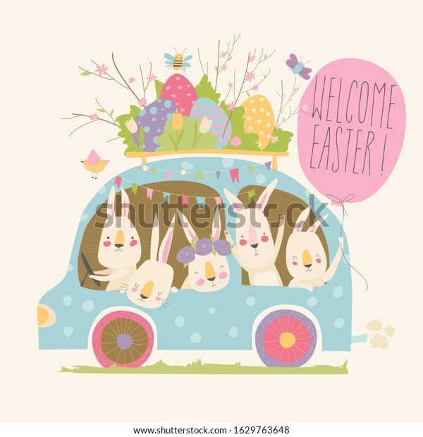 Cute\
cartoon bunnies driving a car with easter\
eggs