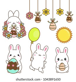Cute cartoon bunnies. Easter rabbits with eggs and flowers. Isolated clip art for Easter design, stickers, greeting cards. Kawaii style