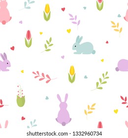 Cute cartoon bunnies,  hearts,  flowers. Seamless colorful pattern.
