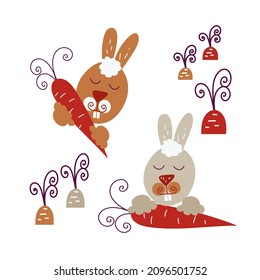 Cute cartoon bunnies holding colored  set, funny rabbit characters, Happy Easter concept cartoon vector Illustrations
