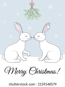 Cute cartoon bunnies kissing under the mistletoe. Merry Christmas. Vector illustration