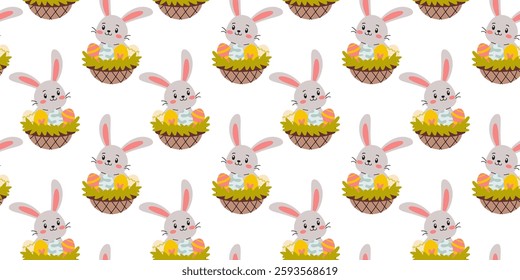 Cute cartoon bunnies in nests with colorful eggs create a festive atmosphere for spring celebrations and Easter events