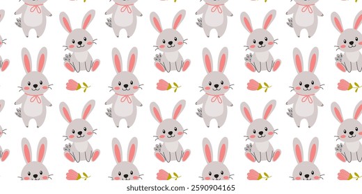 Cute cartoon bunnies surrounded by flowers create a whimsical pattern for decoration and design