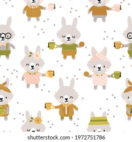Cute cartoon bunnies with tea cups seamless repeat pattern. Boho kids design for clothes, nursery decor, paper, cover, fabrics and more