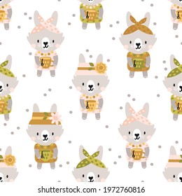Cute cartoon bunnies with tea cups seamless pattern. Boho kids design for clothes, nursery decor, paper, cover, fabrics and more