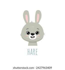 cute cartoon bunny. Animal in flat style. Hare head for cards, magazins, banners. Forest animal. Vector illustration 