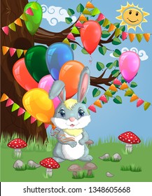 Cute cartoon bunny with an armful of balloons in front of a tree. Spring, love, postcard