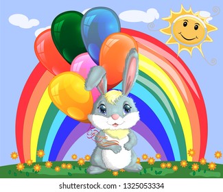 Cute cartoon bunny with an armful of balls on a glade near the rainbow. Spring, love, postcard