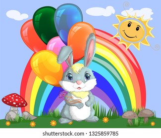 Cute cartoon bunny with an armful of balls on a glade near the rainbow. Spring, love, postcard