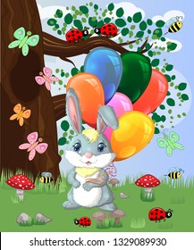 Cute cartoon bunny with an armful of balls in a forest glade. Spring, love, postcard
