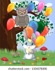 Cute cartoon bunny with an armful of balls in a forest glade. Spring, love, postcard